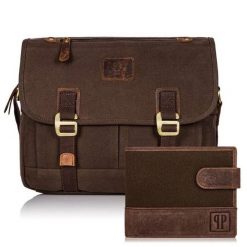 Zestaw brązowy PAOLO PERUZZI torba i portfel GA469. Brązowe portfele męskie Paolo Peruzzi, bez wzorów, z bawełny. Za 209.99 zł.
