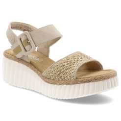 Beżowe Sandały Rieker Stylowe Obuwie Damskie Na Koturnie. Brązowe klapki damskie Rieker, bez wzorów, z materiału, bez obcasa, na koturnie, bez zapięcia. Za 329.00 zł.