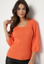Pomarańczowy Sweter z Lekko Bufiastymi Rękawami o Długości 7/8 z Cyrkoniami Irissi. Brązowe swetry damskie Born2be, na jesień, s, bez wzorów, z jeansu, eleganckie, bez kołnierzyka, bez ramiączek, bez kaptura. Za 69.99 zł.