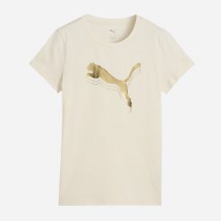 Puma moteriški marškinėliai ESS METALLIC, beveik balti. T-shirty damskie Nike, bez wzorów, bez kołnierzyka. Za 89.38 zł.