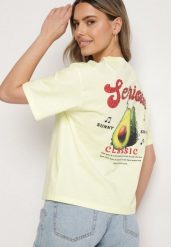 Żółty T-shirt z Bawełną i Motywem Awokado Addixa. Żółte bluzki damskie Born2be, m, bez wzorów, z bawełny, klasyczne, bez kołnierzyka. Za 79.99 zł.