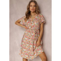 Pomarańczowo-Jasnozielona Sukienka z Wiskozy Savvogeus. Brązowe sukienki damskie Renee, l, bez wzorów, z materiału, eleganckie, bez kołnierzyka, bez ramiączek, midi, kopertowe. Za 54.99 zł.