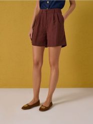 Szorty z domieszką lnu - beżowy. Brązowe szorty damskie Sinsay, l, bez wzorów. Za 49.99 zł.