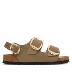 Sandały Birkenstock. Brązowe sandały damskie Birkenstock, bez wzorów, bez obcasa, na płaskiej podeszwie, bez zapięcia. Za 719.99 zł.