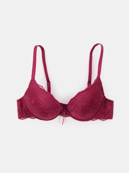 Biustonosz Extra Push-Up z koronką - bordowy. Czerwone biustonosze Sinsay, bez wzorów, z koronki. Za 29.99 zł.