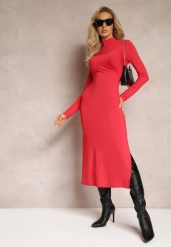Czerwona Sukienka Midi z Marszczeniem i Rozcięciem Vangia. Czerwone sukienki damskie Renee, l, z aplikacjami, bez kołnierzyka, bez ramiączek, midi. Za 119.99 zł.