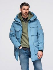 Ocieplana długa męska kurtka z odblaskowymi elementami – niebieska V4 - Rozmiar: XXL. Niebieskie kurtki męskie Ombre Clothing, l, z aplikacjami, z gumy, eleganckie. W wyprzedaży za 370.49 zł.