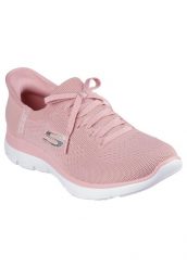 Buty SKECHERS SLIP-INS - SUMMITS NEW DAILY Rose. Czerwone trampki i tenisówki damskie Skechers, bez wzorów, z materiału, bez zapięcia. Za 490.00 zł.