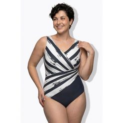 Damski Kostium kąpielowy paski miękkie miseczki drapowanie. Niebieskie kostiumy jednoczęściowe damskie Ulla Popken, l, bez wzorów, z elastanu, sportowe, plus size, do pływania. W wyprzedaży za 223.99 zł.