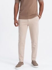 Spodnie męskie CARROT ze strukturalnej dwukolorowej dzianiny - beżowe V2 OM-PACP-0168 - XXL. Brązowe spodnie materiałowe męskie Ombre Clothing, m, bez wzorów, z bawełny, casualowe. Za 179.99 zł.
