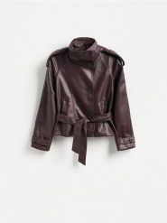 Kurtka z wiązaniem - burgundowy. Czerwone kurtki damskie Reserved, l, bez wzorów, ze skóry, bez kaptura. Za 279.99 zł.