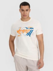 4F T-shirt regular z nadrukiem męski - beżowy XL. Brązowe koszulki sportowe męskie 4f, m, bez wzorów, z bawełny, klasyczne, bez kołnierzyka. W wyprzedaży za 39.99 zł.