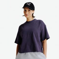 Koszulka oversize damska typu crop, Elementals. Fioletowe t-shirty damskie Decathlon, s, bez wzorów, z bawełny, bez kołnierzyka. Za 49.99 zł.