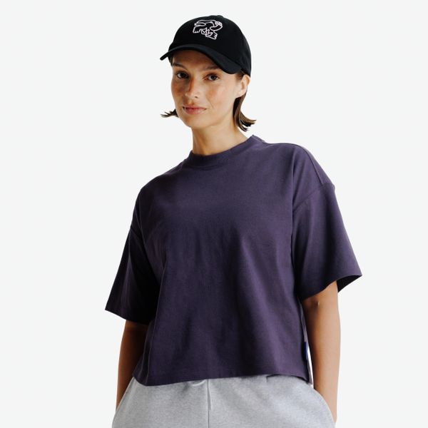 Koszulka oversize damska typu crop, Elementals. Fioletowe t-shirty damskie Decathlon, s, bez wzorów, z bawełny, bez kołnierzyka. Za 49.99 zł.