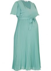 Sukienka ciążowa plisowana. Zielone sukienki damskie bonprix, bez wzorów, eleganckie, bez kołnierzyka, moda ciążowa, bez ramiączek. Za 229.99 zł.