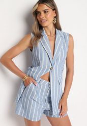 Jasnoniebieskie Szorty w Pionowe Paski z Wysokim Stanem Vikitta. Niebieskie szorty damskie Born2be, na lato, m, bez wzorów, eleganckie, z podwyższonym stanem. Za 89.99 zł.