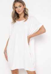 Biała Mini Sukienka z Krótkim Rękawem o Fasonie Nietoperza Kharson. Białe sukienki damskie Born2be, bez wzorów, boho, bez kołnierzyka, bez ramiączek, mini. Za 64.99 zł.