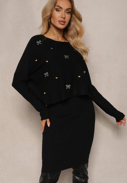 Czarny Dzianinowy Komplet z Wiskozą Sukienka o Dopasowanym Kroju i Sweter z Cyrkoniami Norathra. Czarne sukienki damskie Renee, s, z aplikacjami, z dzianiny, eleganckie, bez kołnierzyka, bez ramiączek, bez kaptura. Za 99.99 zł.