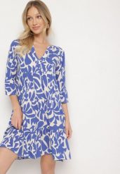 Niebieska Wiskozowa Rozkloszowana Sukienka z Abstrakcyjnym Wzorem Liracalia. Niebieskie sukienki damskie Born2be, na co dzień, l, bez wzorów, z tkaniny, eleganckie, bez kołnierzyka, bez ramiączek, mini, rozkloszowane. Za 89.99 zł.