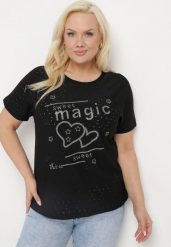 Czarny T-shirt Ażurowy z Ozdobnymi Cyrkoniami Cevola. Czarne bluzki damskie Born2be, xl, w ażurowe wzory, bez kołnierzyka. Za 34.99 zł.