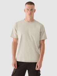 4F T-shirt oversize z nadrukiem męski - beżowy S. Brązowe koszulki sportowe męskie 4f, m, bez wzorów, z bawełny, klasyczne, bez kołnierzyka. W wyprzedaży za 39.99 zł.