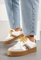 Biało-Brązowe Sneakersy w Stylu Kultowych Tenisówek z Dodatkowymi Sznurówkami Nasalla. Białe obuwie sportowe damskie Born2be, bez wzorów, z jeansu, tenisowe. Za 99.99 zł.