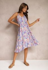 Niebieska Wiązana Sukienka z Bawełny o Rozkloszowanym Kroju Risaltis. Niebieskie sukienki dla dziewczynek Renee, bez wzorów, z bawełny, bez ramiączek. Za 74.99 zł.