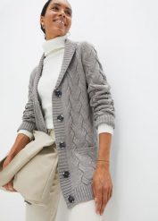 Sweter rozpinany z szalowym kołnierzem i wzorem w warkocze. Czarne kardigany damskie bonprix, bez wzorów, bez kołnierzyka, bez ramiączek, długie, bez kaptura. Za 109.99 zł.