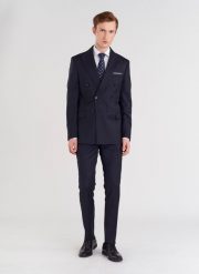 PAKO LORENTE – Granatowe spodnie garniturowe w subtelną kratę. Eleganckie spodnie męskie Pako Lorente, m, bez wzorów, z wełny. Za 999.99 zł.