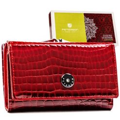 Czerwony portfel damski ze skóry naturalnej zamykany na zatrzask i bigiel - Peterson. Czerwone portfele damskie Peterson, bez wzorów, z lakierowanej skóry. Za 119.99 zł.