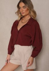 Bordowa Koszula z Modalem o Fasonie Oversize Adavelle. Czerwone bluzki damskie Renee, bez wzorów, z jeansu, eleganckie, bez kołnierzyka, bez ramiączek. Za 99.99 zł.