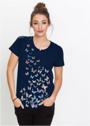 T-shirt z nadrukiem motyli. Niebieskie t-shirty damskie bonprix, bez wzorów, bez kołnierzyka. Za 32.99 zł.