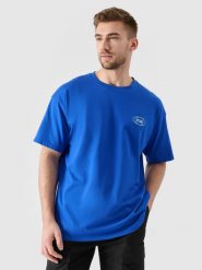 4F T-shirt oversize z nadrukiem męski - niebieski M. Niebieskie koszulki sportowe męskie 4f, m, bez wzorów, z bawełny, klasyczne, bez kołnierzyka. W wyprzedaży za 49.99 zł.