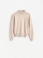 Sweter z wełny merino - beżowy. Brązowe swetry damskie Reserved, l, bez wzorów, z wełny, bez kołnierzyka, bez ramiączek, bez kaptura. Za 259.99 zł.
