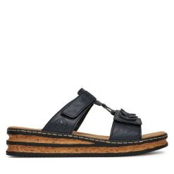 Klapki Rieker. Niebieskie klapki damskie Rieker, bez wzorów, bez obcasa. Za 299.99 zł.