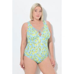Damski Strój kąpielowy kwiaty miękkie miseczki ozdobne tasiemki. Niebieskie kostiumy jednoczęściowe damskie Ulla Popken, plus size, bez wzorów, z elastanu, sportowe, plus size, do pływania. Za 244.99 zł.