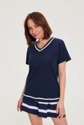 Bluzka z dekoltem w serek granatowa. Bluzki damskie MOODO, bez wzorów, z bawełny, bez kołnierzyka, bez ramiączek. Za 54.99 zł.