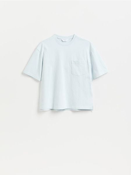 T-shirt boxy - jasnoniebieski. Niebieskie t-shirty męskie Reserved, l, bez wzorów, z bawełny, bez kołnierzyka. Za 69.99 zł.
