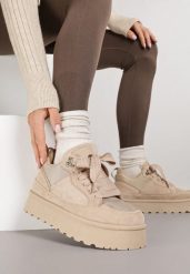 Ciemnobeżowe Sznurowane Sneakersy Śniegowce na Grubej Podeszwie Vamitte. Brązowe obuwie sportowe damskie Born2be, z jeansu. Za 109.99 zł.