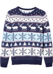 Sweter chłopięcy w renifery. Niebieskie swetry dla chłopców bonprix, bez wzorów, z bawełny, bez kołnierzyka, bez kaptura. Za 94.99 zł.