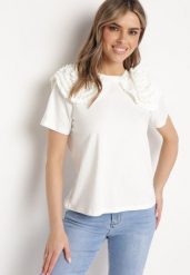 Biały Bawełniany T-shirt z Materiałową Aplikacją 3D Jolilena. Białe bluzki damskie Born2be, l, z aplikacjami, z bawełny, biznesowe, bez kołnierzyka. Za 39.99 zł.