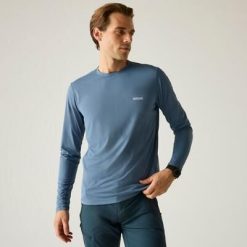 Męska koszulka z długim rękawem Mindo Anti-Insect z siateczki. Niebieskie koszulki sportowe męskie Regatta, m, bez wzorów, z poliesteru, bez kołnierzyka, bez ramiączek, trekkingowe. W wyprzedaży za 99.99 zł.