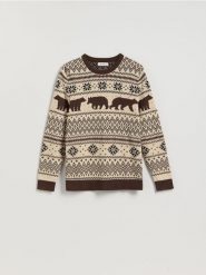 Sweter ze świątecznym motywem - kremowy. Białe swetry przez głowę męskie Reserved, l, bez wzorów, z bawełny, bez kołnierzyka. Za 119.99 zł.