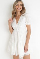 Biała Sukienka z Haftowanej Tkaniny i Falbanami Angelyna. Białe sukienki damskie Born2be, na co dzień, na lato, l, z aplikacjami, z tkaniny, eleganckie, bez kołnierzyka, bez ramiączek. Za 149.99 zł.