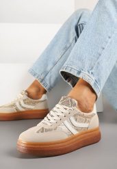 Beżowe Wężowe Sneakersy w Stylu Klasycznych Tenisówek na Grubej Podeszwie Grelritia. Brązowe obuwie sportowe damskie Born2be, bez wzorów, z jeansu, tenisowe. Za 89.99 zł.
