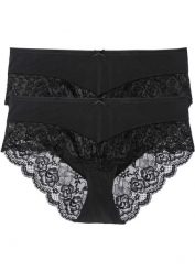 Figi panty (2 pary). Czarne figi damskie bonprix, bez wzorów, z koronki. Za 67.99 zł.