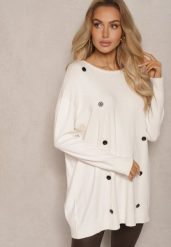 Jasnobeżowy Sweter Zimowy Ozdobiony Symetrycznie Guzikami Milabia. Brązowe swetry damskie Renee, na zimę, l, bez wzorów, z jeansu, casualowe, bez kołnierzyka, bez ramiączek, bez kaptura. Za 59.99 zł.
