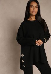 Czarny Sweter z Wiskozą i Guzikami po Bokach Violsave. Czarne swetry damskie Renee, l, bez wzorów, z jeansu, casualowe, bez kołnierzyka, bez ramiączek, bez kaptura. Za 129.99 zł.