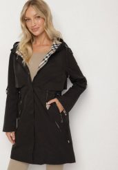Czarna Kurtka Parka z Kapturem ze Wzorem w Kratę i Podpinanymi Rękawami Gavaria. Czarne parki damskie Born2be, l, bez wzorów, z jeansu, eleganckie, z kapturem. Za 199.99 zł.