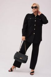 Elegancki czarny komplet Ava - koszula oraz spodnie PLUS SIZE XXL OVERSIZE. Czarne koszule damskie Moda Size Plus Iwanek, plus size, bez wzorów, z materiału, biznesowe, bez kołnierzyka, plus size, bez ramiączek. W wyprzedaży za 299.90 zł.